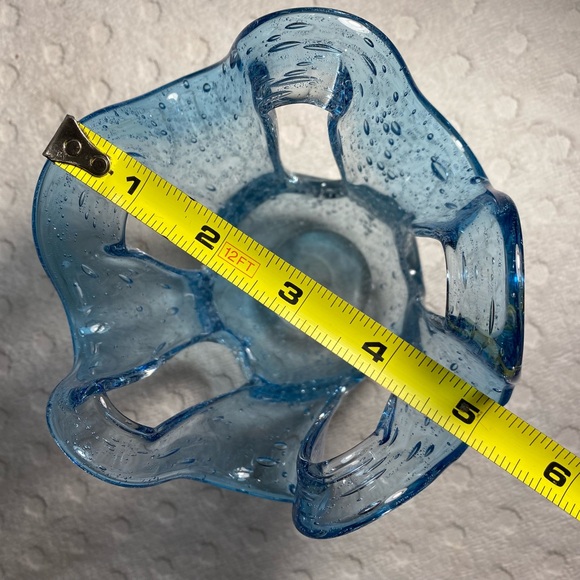 Vintage Blue Hand Blown Stretch Bubble Candle Art Glass Design Holder - Picture 9 of 11